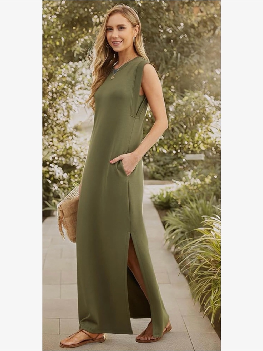 Maxi Dress with Pockets & Two Side Slits – Size Small – Army Green -Grecerelle